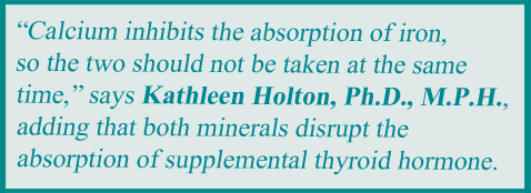 Nutritional expert Kathleen Holton, Ph.D., recommends that fibromyalgia patients not take calcium and iron supplements together and that they both disrupt thyroid hormone medication.