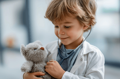 Photo of child imitating a caring doctor that is needed for fibromyalgia..