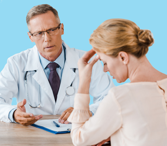 Photo showing a patient who is frustrated that her doctor tells her exercise with a physical therapist (PT) will treat her fibromyalgia. 