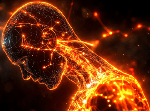 Image of brain and body showing bright spots that depict areas of inflammation in fibromyalgia.