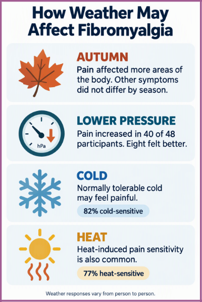 Diagram summarizing how weather affects fibromyalgia symptoms, particularly lower barometric pressures and cold temperatures.